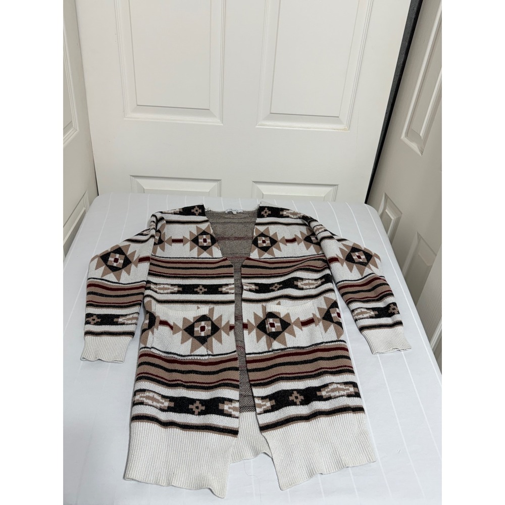 Venario Womens Southwestern Geometric Open Front Cardigan Sweater Brown Cream S
